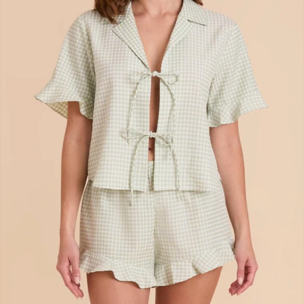 NWT Birdy Grey Frankie Tie Front Ruffle Pajama Set In Pistachio Gingham Size 1X
